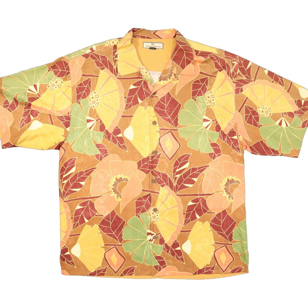 Tommy Bahama Silk Camp Shirt Mens L Orange Leaf Print Hawaiian Tropical Floral